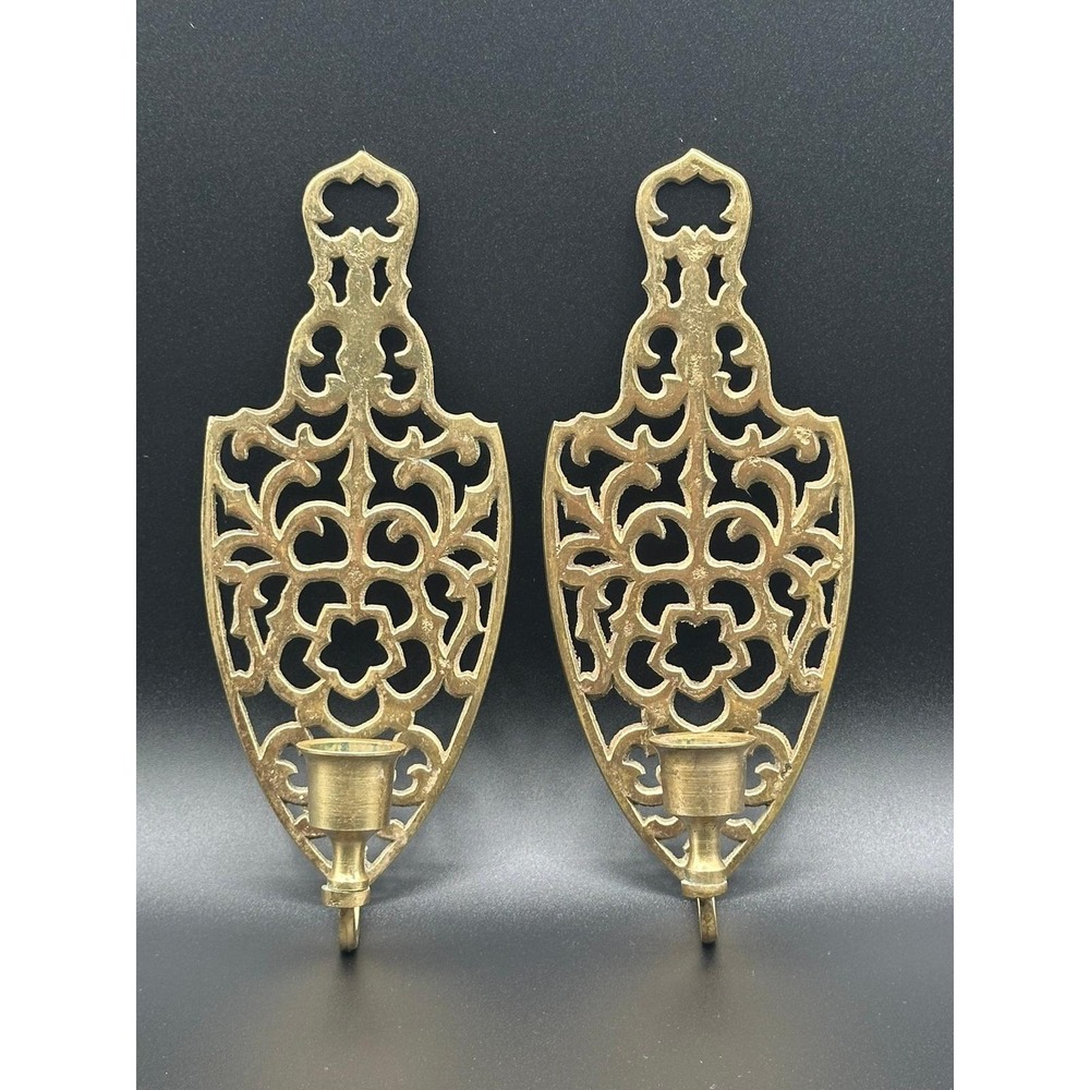 Vintage Solid Brass Wall Sconces Pair 8 Inch Ornate Filigree Scrollwork Gold Set